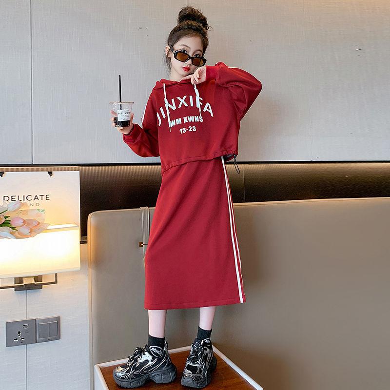 

Костюм в стиле вестерн для девочек, юбка, модная осенняя одежда, детская осенняя юбка, свитер с капюшоном, юбка, костюм из двух частей 120 красный