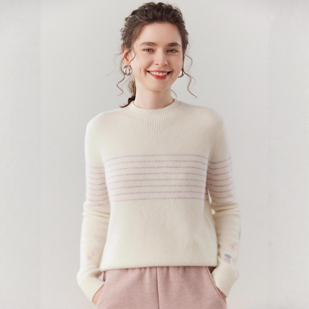 Women's Thickened Fleece Striped Knit Sweater - Light Luxury Autumn/Winter Round Neck Top
