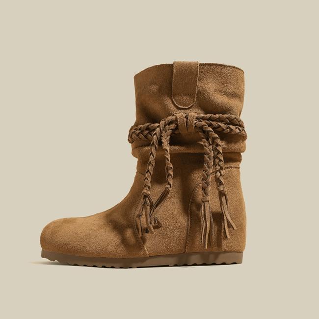 

Autumn new cowhide short boots women s retro western cowboy fringed pleated boken pile boots 40 верблюд