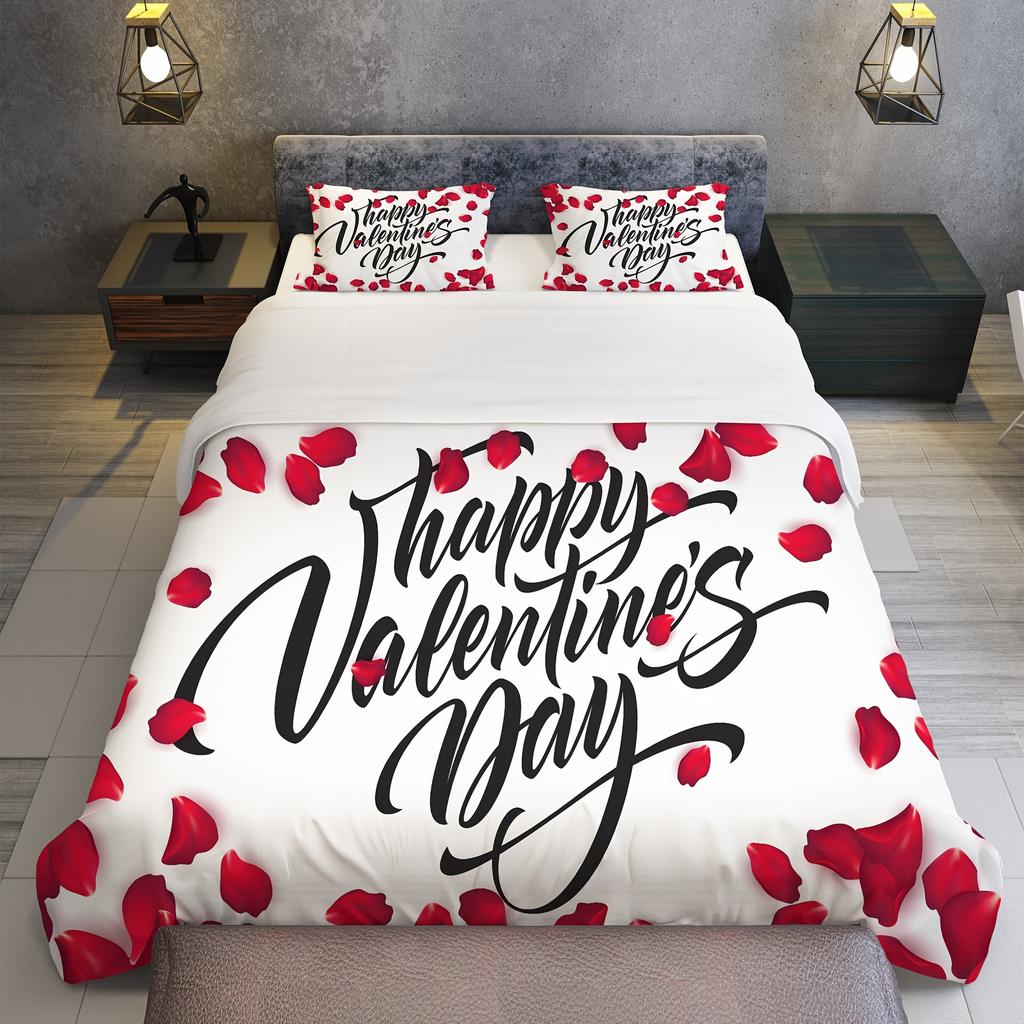 Red Rose Duvet Cover Set King Size, Red And White Comforter Cover Sets With Zipper Closure, Romantic Hearts Lover Bedding Set