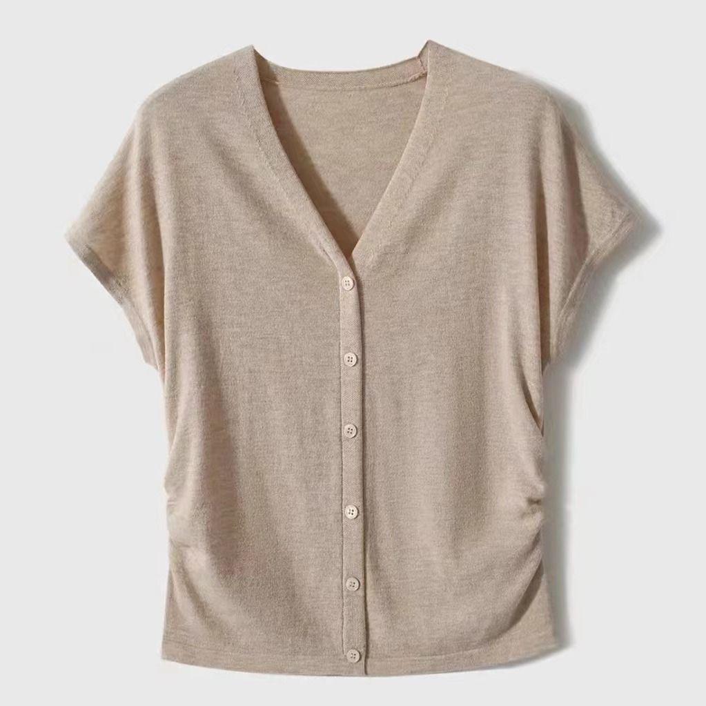 

Женский трикотажный кардиган с коротким рукавом и V-образным вырезом в французском стиле - Летний укороченный базовый топ, подчеркивающий талию Medium хаки