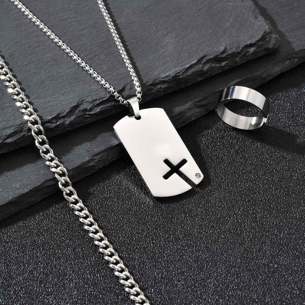 Vnox Sidecross Dog Tag Necklaces Chunky Curb Chain Bracelet 6/8/11.5mm Width Open Adjustable Ring Jewelry Set Gifts for Men Boys