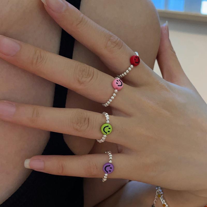 Trendy Korean Colorful Smiley Face Silver Bead Ring For Women Fashion Jewelry