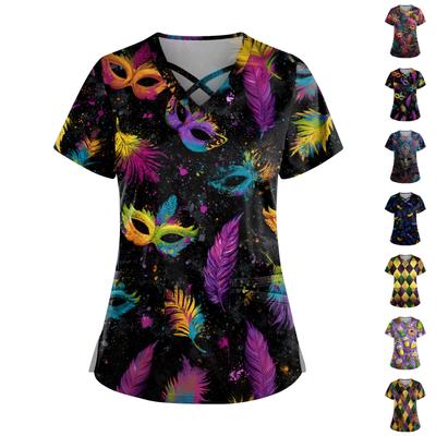 Women's Short Sleeve Stagger V Neck Print Pocket Dry- Top