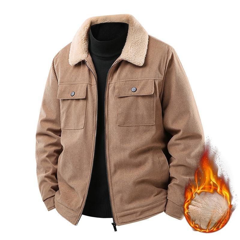 Corduroy Work Jacket for Winter Men's Plush Thickened Lamb Velvet Collar Jacket for Middle-aged and Elderly Cotton Clothing