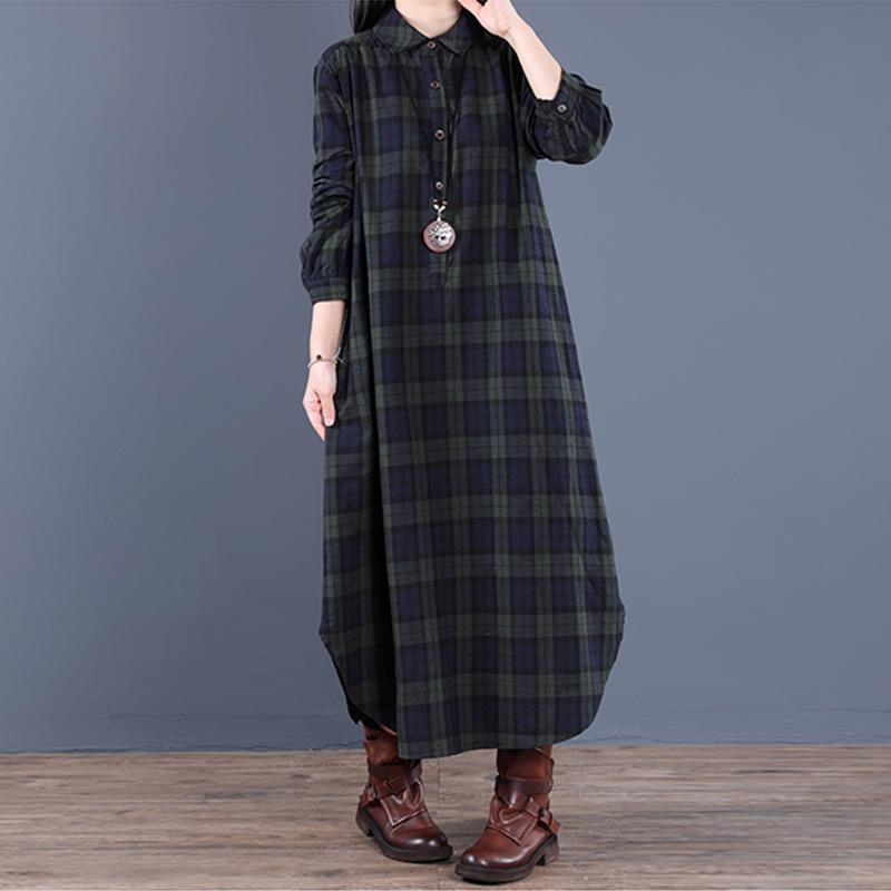 

Spring And Autumn Women s Fashion Loose Splicing Plaid Collar Button Long Sleeve Dress Medium Length Shirt Maxi Dresses XXL зелений
