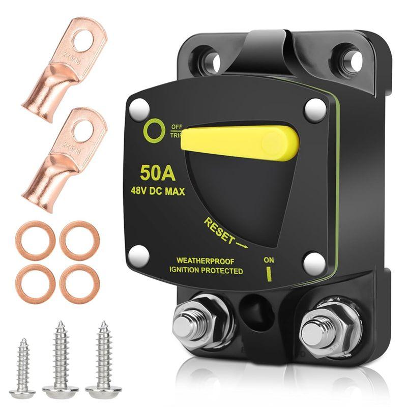 

BAAU 50Amp Circuit Breaker W/Manual Reset Switch DC 12-48V High Amperage,W/Wire Lugs Copper Washer For Car Audio RV Marine Durab Black 50Amp
