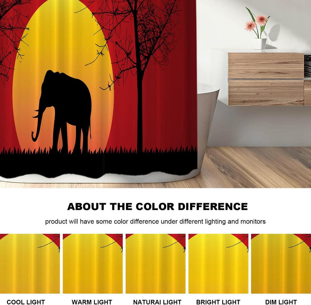 Elephant Silhouette Shower Curtain African Safari Sunset Design Red Yellow Background Wildlife Art Bath Decor Waterproof Fabric