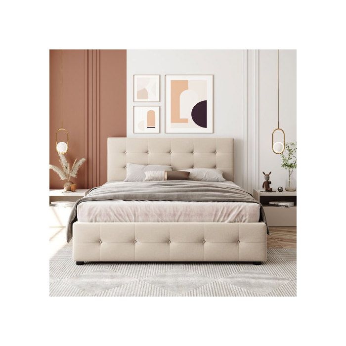 Lit Double - MUVOE - 140 X 200 Cm - Beige - Rembourré Avec Tiroirs - Structure En Métal