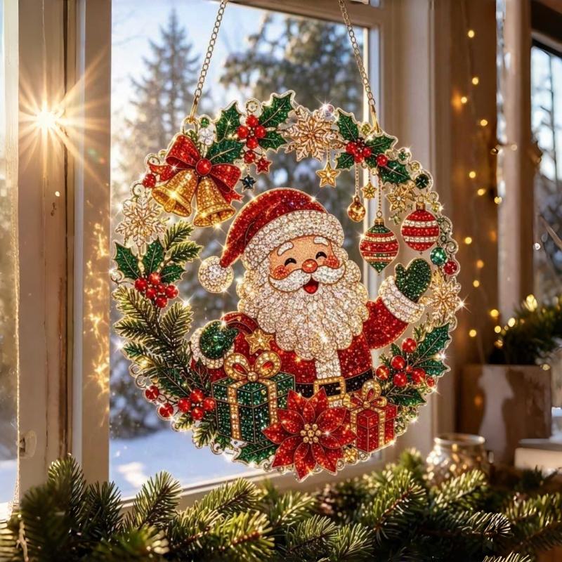 Christmas 2D Flat-Printed Acrylic Christmas Wreath Hanging Ornament Craft Festive Home Window Wall Decor