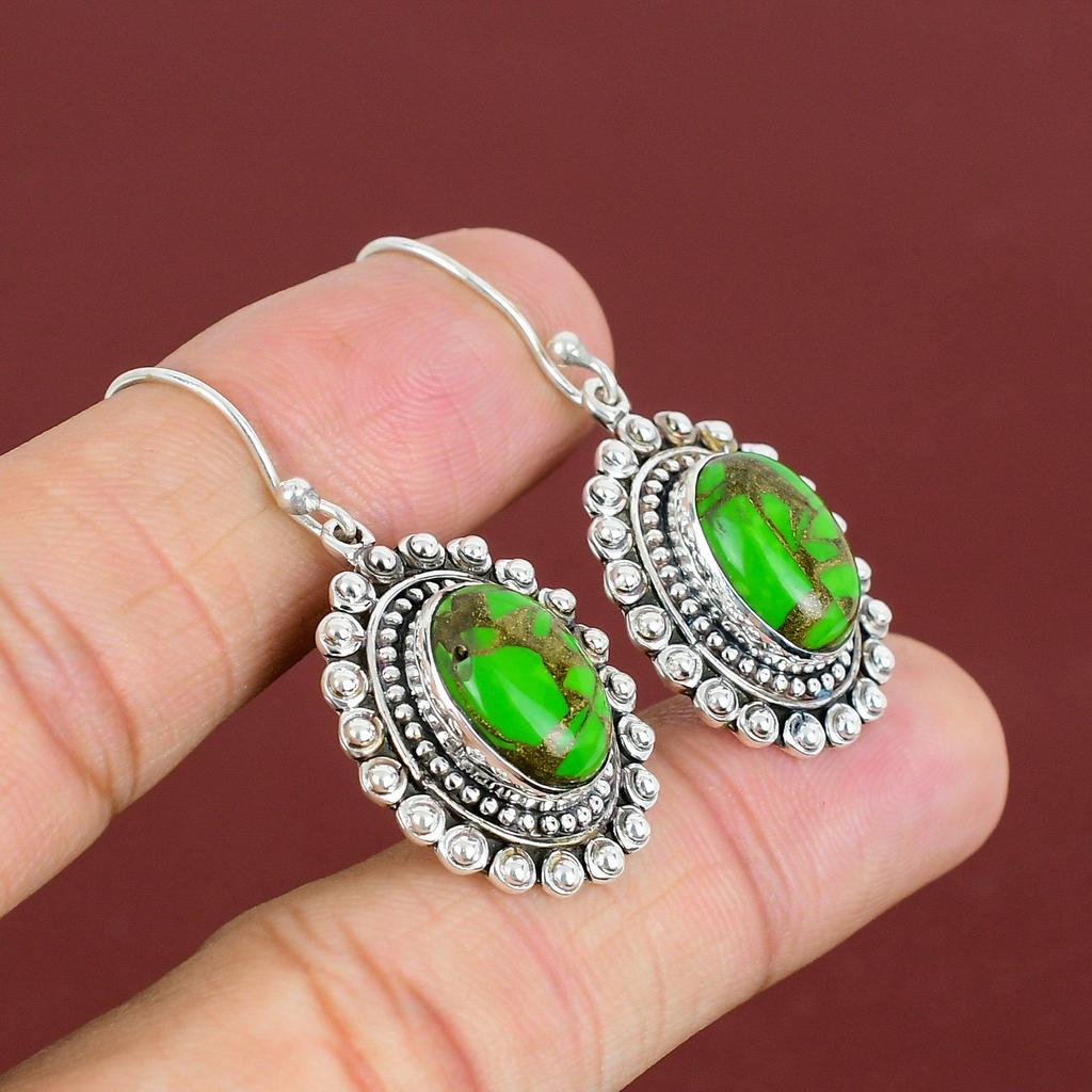 Σκουλαρίκι Πράσινο Τυρκουάζ Χαλκού 925 Ασήμι Στερλίνας Σκουλαρίκια Σκουλαρίκι με Πολύτιμο Λίθο Λεπτό Κόσμημα Vintage Σκουλαρίκι Δώρα Για τη Σύζυγο Χειροποίητα Σκουλαρίκια