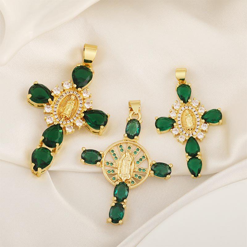 Copper Plated 18K Gold Cross Pendant Necklace with Multi-color Zircon Embellishments