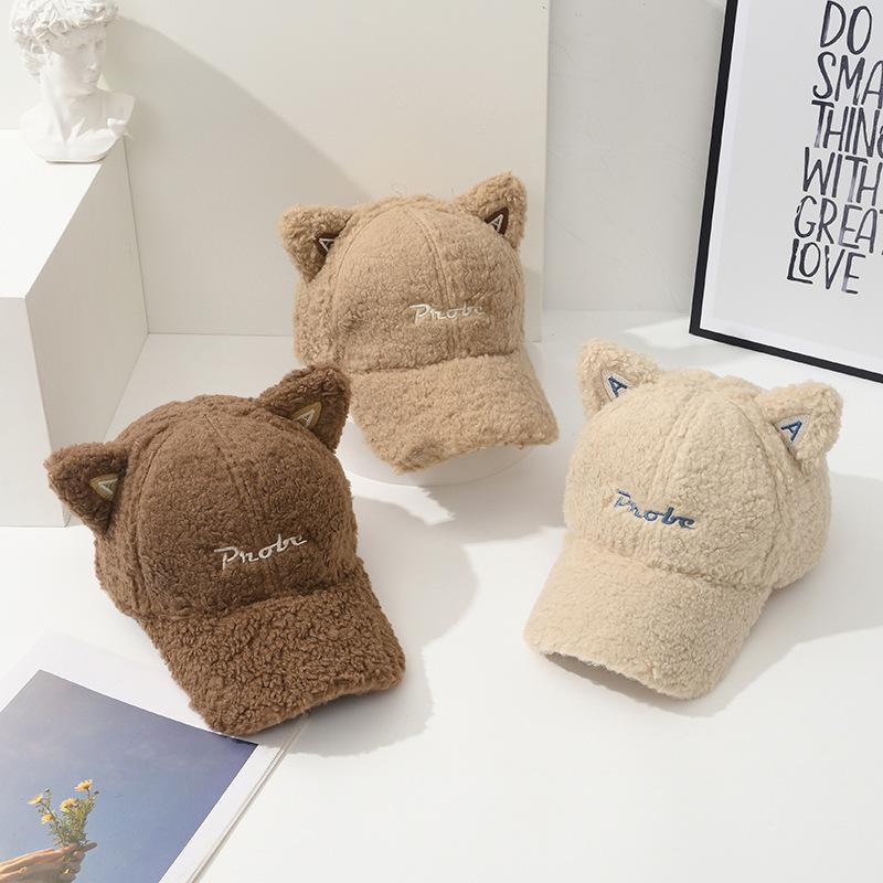 Autumn and Winter Lamb Fur Baseball Cap Warm and Deep Adjustable Head Circumference Plush Baseball Hat Cute Cartoon Cat Ears