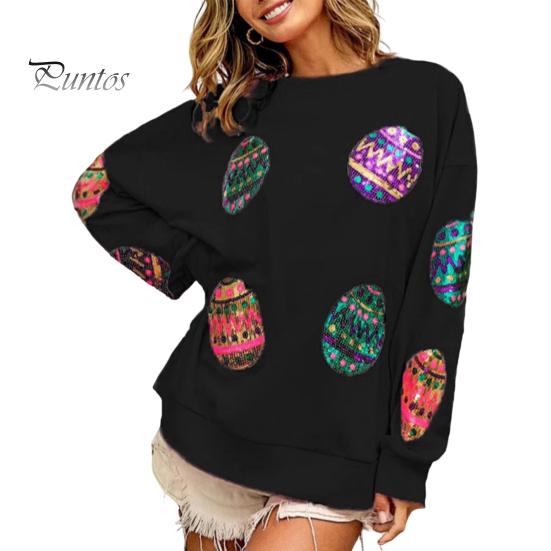 

Женские топы с круглым вырезом, длинным рукавом, свободная футболка, блестящие пайетки, пасхальные яйца, декор, эластичная футболка S чёрный