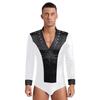 Men's Latin Dance Leotard - Glittery Rhinestones V Neck Long Sleeve Satin Patchwork Bodysuit for Performance