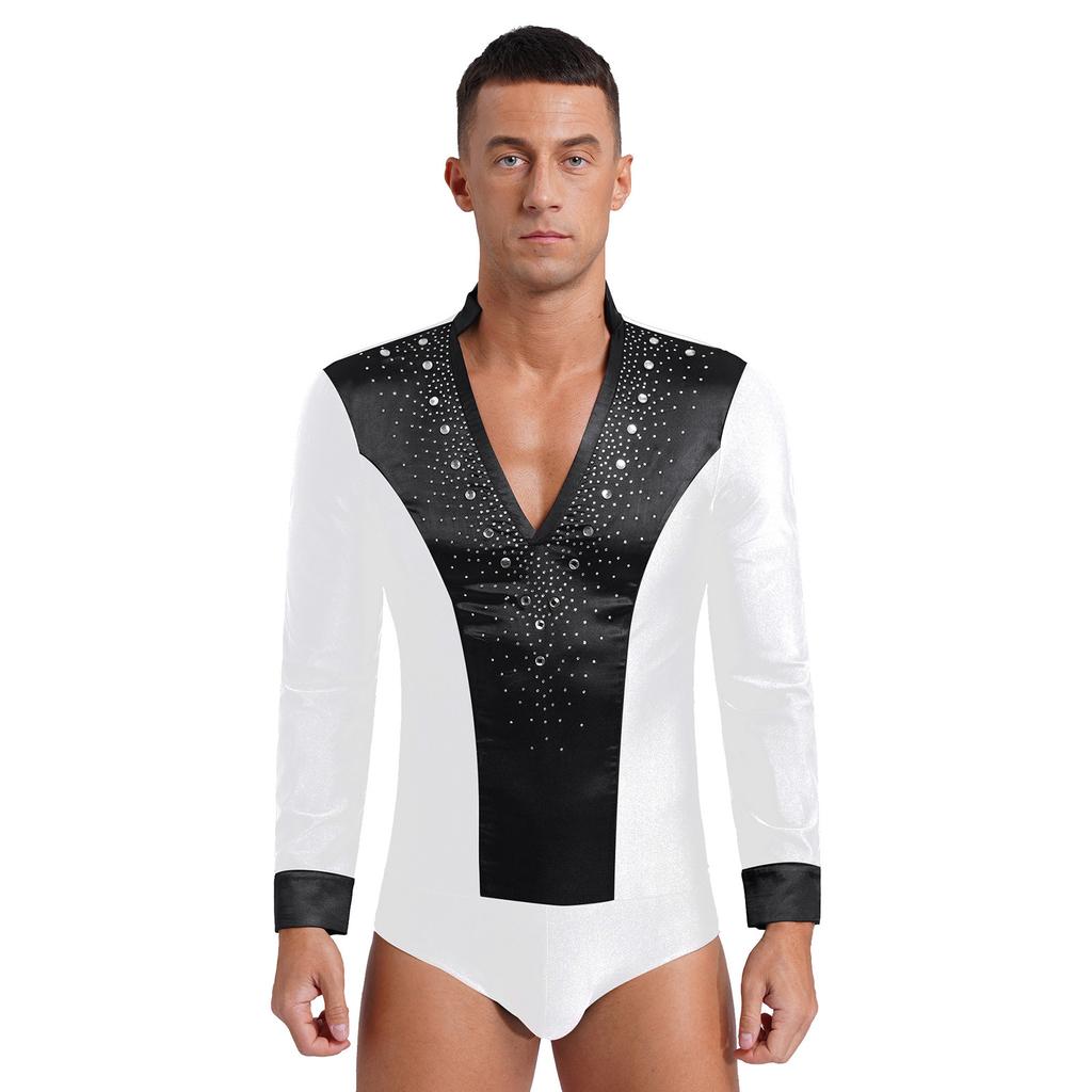 Men's Latin Dance Leotard - Glittery Rhinestones V Neck Long Sleeve Satin Patchwork Bodysuit for Performance