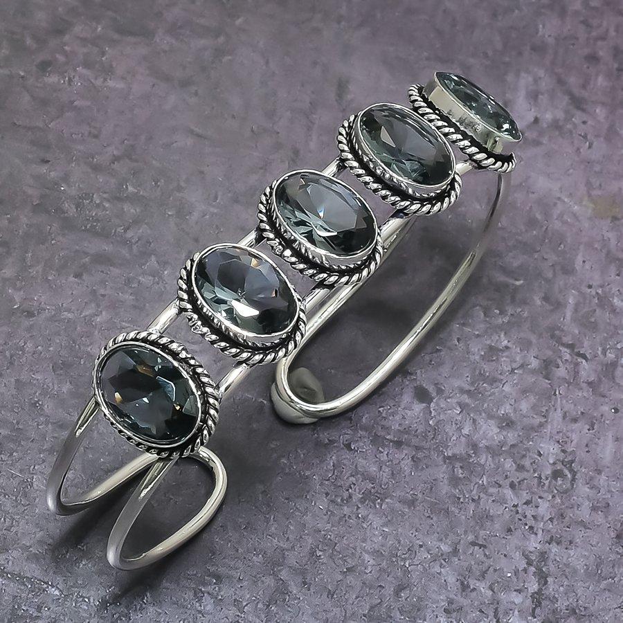 Black Spinel Gemstone Handmade 925 Sterling Silver Cuff Bangle Adjustable y3F66
