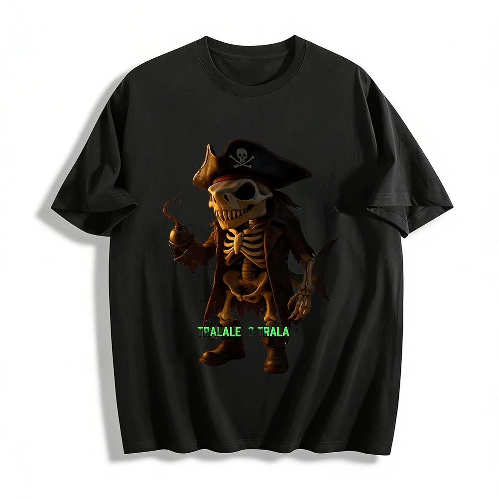 Skeleton Pirate Print Casual Halloween Themed Top Pure cotton T-shirt XXS