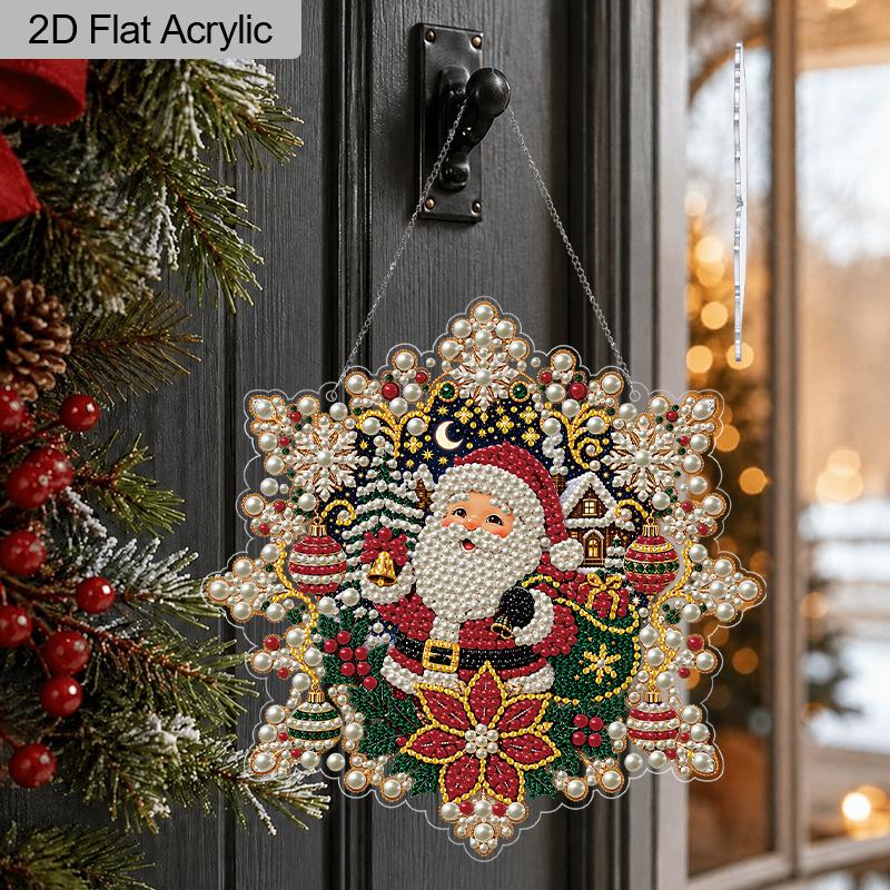 Christmas Acrylic Pearl Ornament Kit, DIY Suncatchers, 3D Mixed Pearls,7.87/9.72Inch Snowflake Santa, Xmas Decor & Gifts