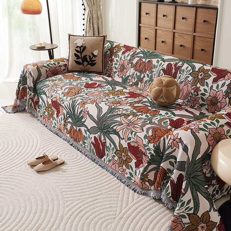 Fresh Floral Linen Sofa Throw Blanket Cover American Country Vintage One Piece All Season