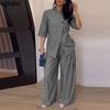 ZANZEA Women's Striped Two Piece Set Asymmetric Half Sleeve Blouse and High Waist Pleated Wide Leg Pants Office Suit
