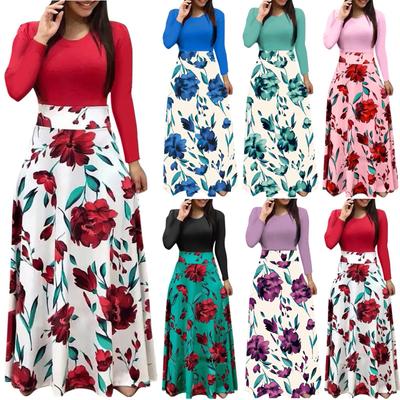 Womens Long Sleeve Floral Print Loose Wedding Holiday Party Splice Maxi Dresses