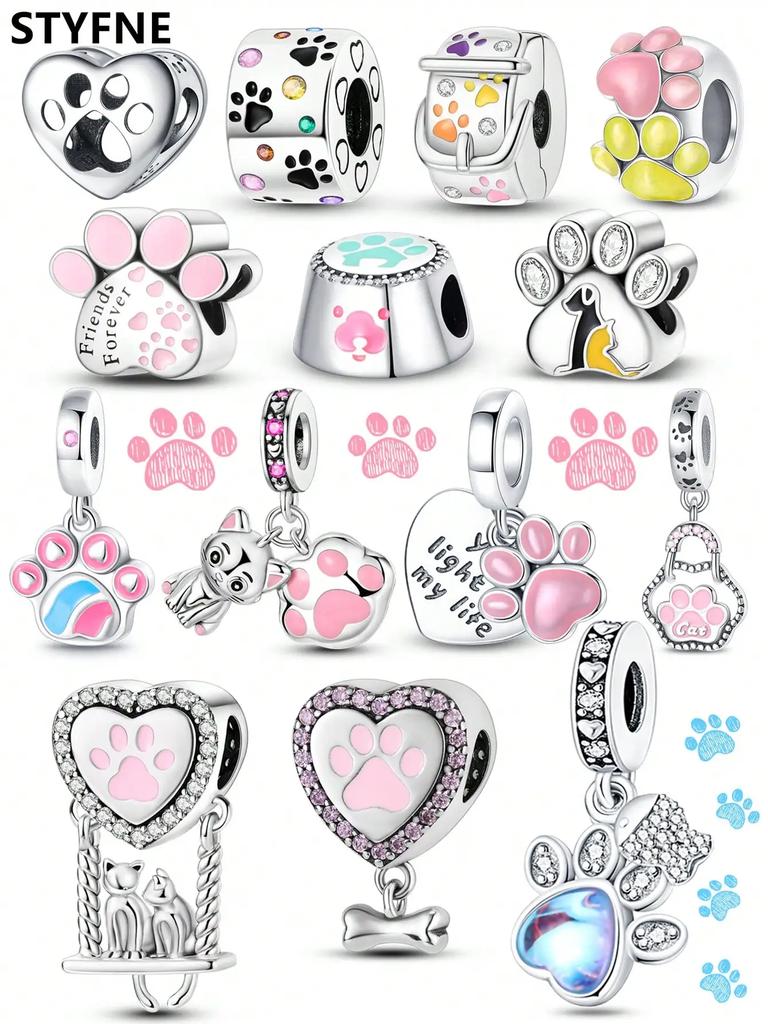 Charms Plata Copper Colors Cute Cat Paw Pet Beads Charm Pendant For Original Bracelet For Women Diy Jewelry Love Gift