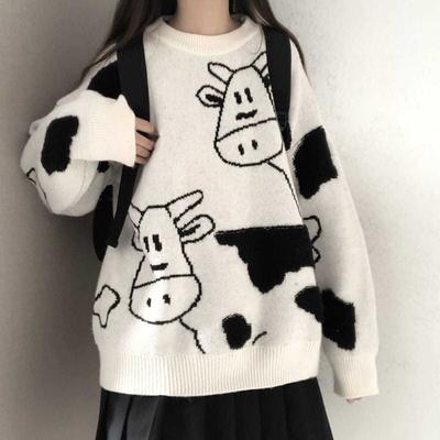 Vintage Casual Loose Lazy Cow Sweater Female Korean Harajuku Women's Sweaters Japanese Kawaii Cute Clothing For Women