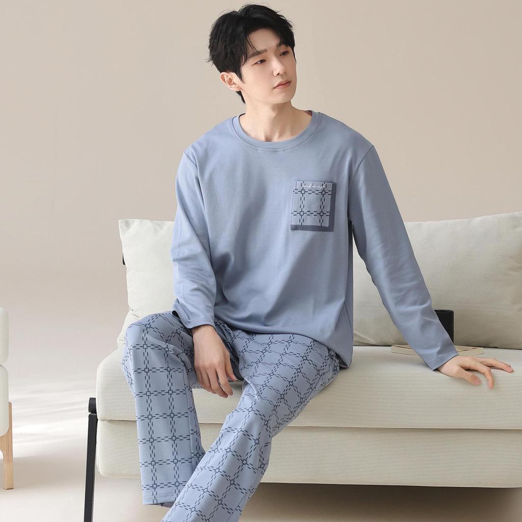 Men's 100% Cotton Long Sleeve & Pants Pajama Set - Korean Style Casual Homewear for Indoor/Outdoor Use