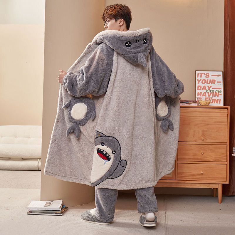 Autumn and Winter Pajamas Suit Men Coral Fleece Nightgown Winter Large Size of Thickened Warm Cartoon Hooded Home Clothes Set