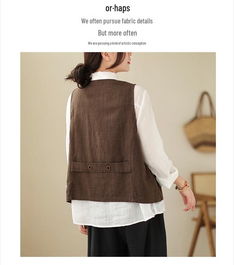Women's 2026 Spring Retro Distressed V-Neck Button Vest, Short Artistic Cotton Linen Waistcoat, Solid Color Outerwear.