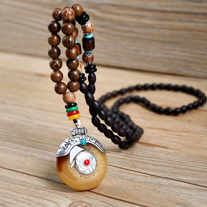Handmade Bohemian Long Pendant Necklace Women With Wooden Beads Bodhi Seed Charm Vintage Ethnic Style