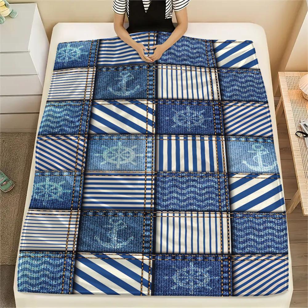 1Pc Nautical Print Flannel Blanket, High quality Comfortable for All Seasons, Home Decor, Warmth and Comfort, Perfect for Christmas Gifts