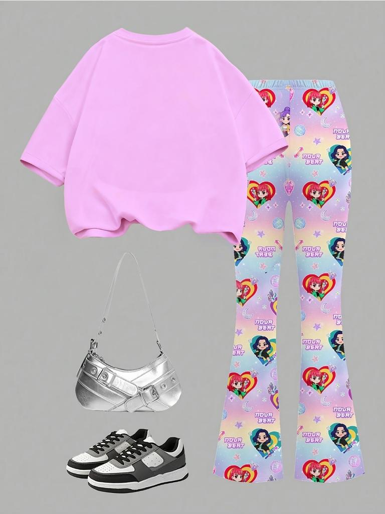 Kpop Three Girls' Group Anime Girl Print Short-Sleeve T-Shirt and Flared Pants 2-Piece Set