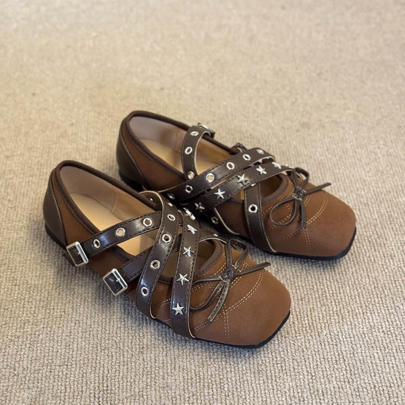 

Ретро туфли Мэри Джейн с ремешком крест-накрест, женские, весна-лето 2025, новые, неглубокие балетки с заклепками 40 коричневый