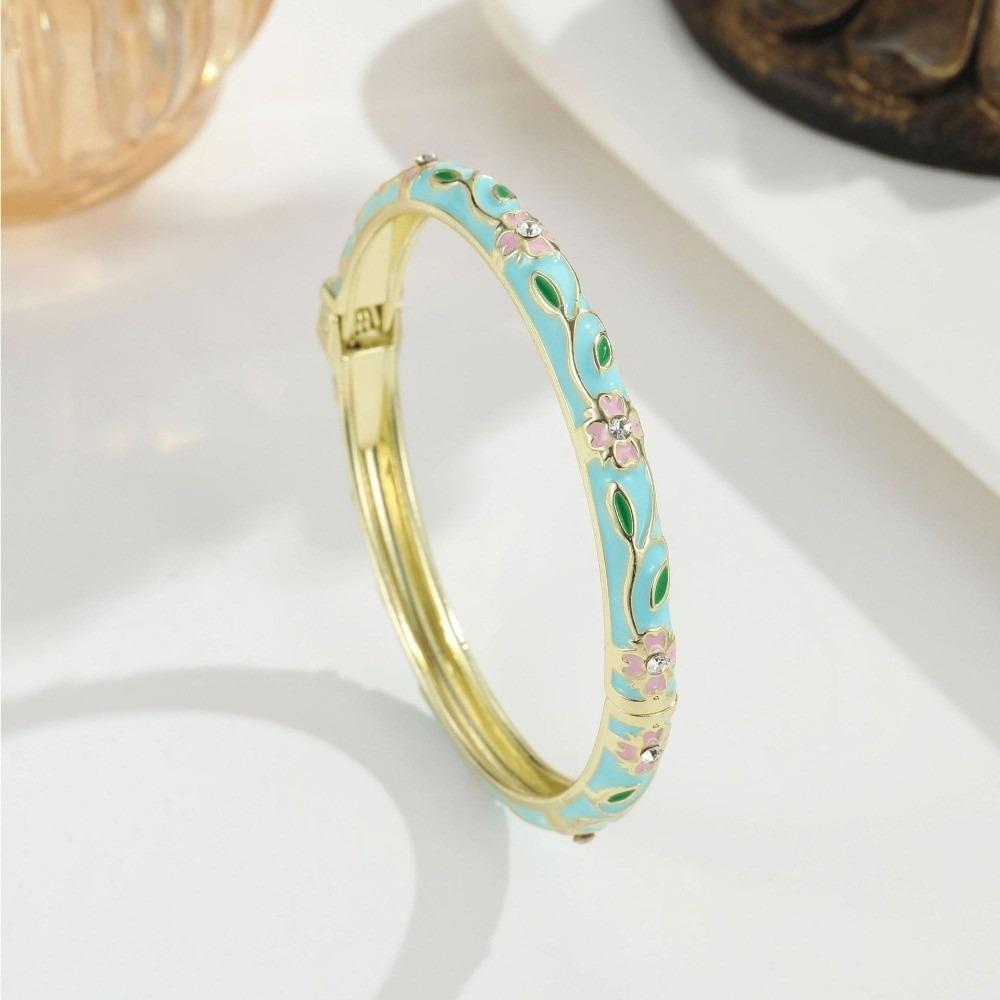 Metal Cloisonne Bracelet Retro Enamel Flower Bangle Closed End Enamel Bracelet Ethnic Style
