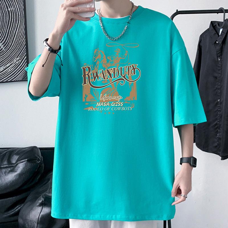 Cowboy Pattern Men's 100% Cotton T-Shirt Drop Shoulder Oversized Tee Hip Hop Style