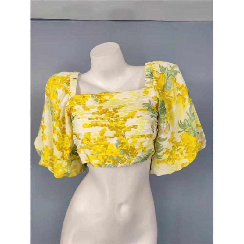 

Экспорт Одиночный H Дом Желтые Принты Стильная Мода Сборки Квадратный Вырез Нишевый Стиль Богемный Ветер Пышный Короткий Рукав Топы Yellow XL