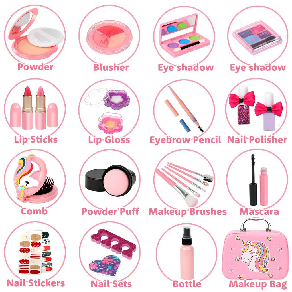 Flybay Kids Girls Makeup Realistic Washable Cosmetic Set for Girls and Princess Pretend Play Cosmetics Pretend Play Makeup Kit with Cosmetic Christmas