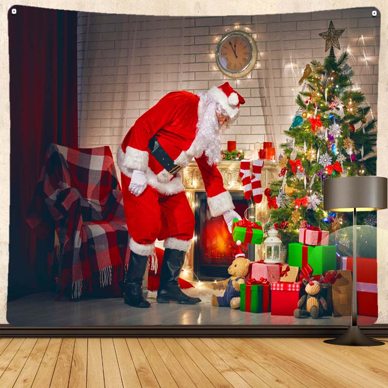 Merry Christmas Santa Claus Fireplace Print Pattern Tapestry Home Living Room Bedroom Decoration Background Cloth Tapestry