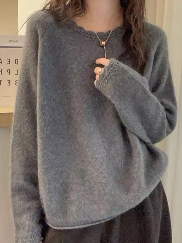 Women's Thickened Lace Collar Wool Sweater - 100% Pure Wool, Autumn/Winter Round Neck, Stylish Loose Knit Top
