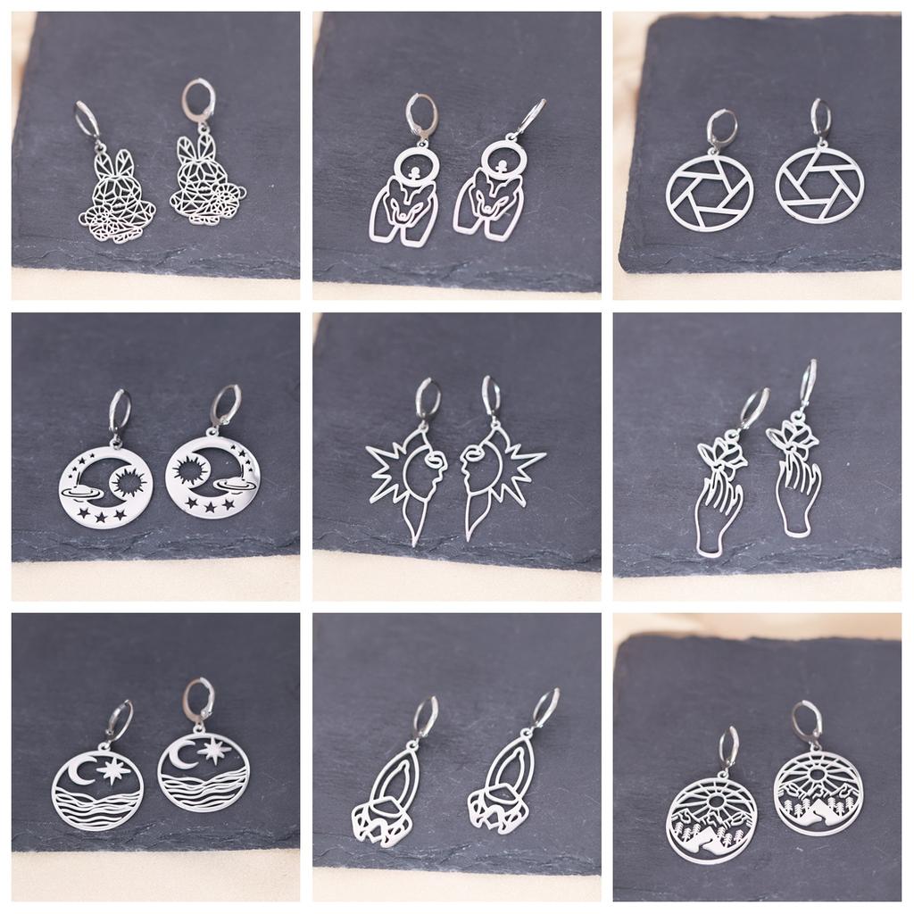 Kinitial Stainless Steel Sun Face Rabbit Lotus Flower Hand Moon Star Horse Ghost Earrings For Women Trendy Piercing Jewelry