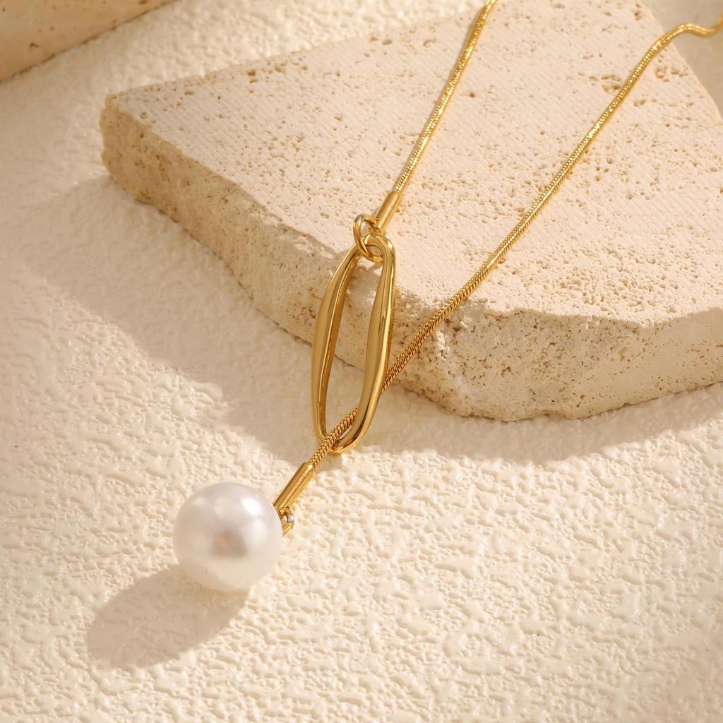 Stainless Steel Round Snake Chain Hollow Geometric Accessories Imitation Pearl Y-Shaped Necklace Women'S, Accessories Nc-