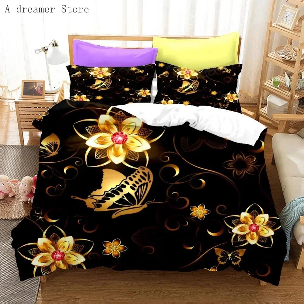 Gold Butterfly Luxury Black Bedding Set Single Twin Double Queen King Cal King Size Bed Linen Set