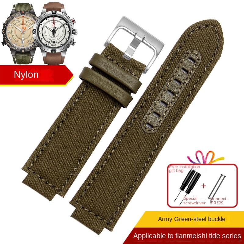 Sports canvas Watchband cowhide bottom For TIMEX T2N720 T2N721 TW2R55500 24*16mm Army green brown Men's Watch Strap Bracelet