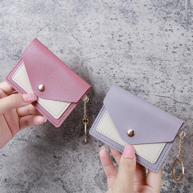 Slim Pu Leather Wallet Business Credit Card Holder Short Purse Leather Id Card Holder Candy Color Coin Case With Keyring