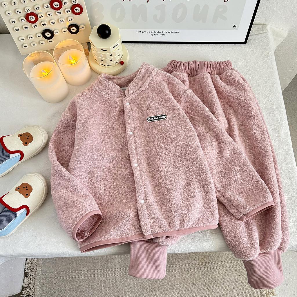 Children's Fall/Winter Reversible Fleece Korean-Style Set: Cute Stand-Up Collar Fleece Jacket + Pants, Thickened Two-Piece Set