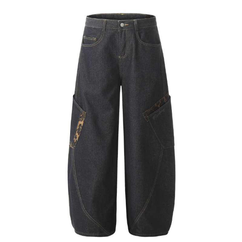 Унисекс ретро джинсы с широкими штанинами, пэчворк с леопардовым принтом, с большими карманами L чёрный