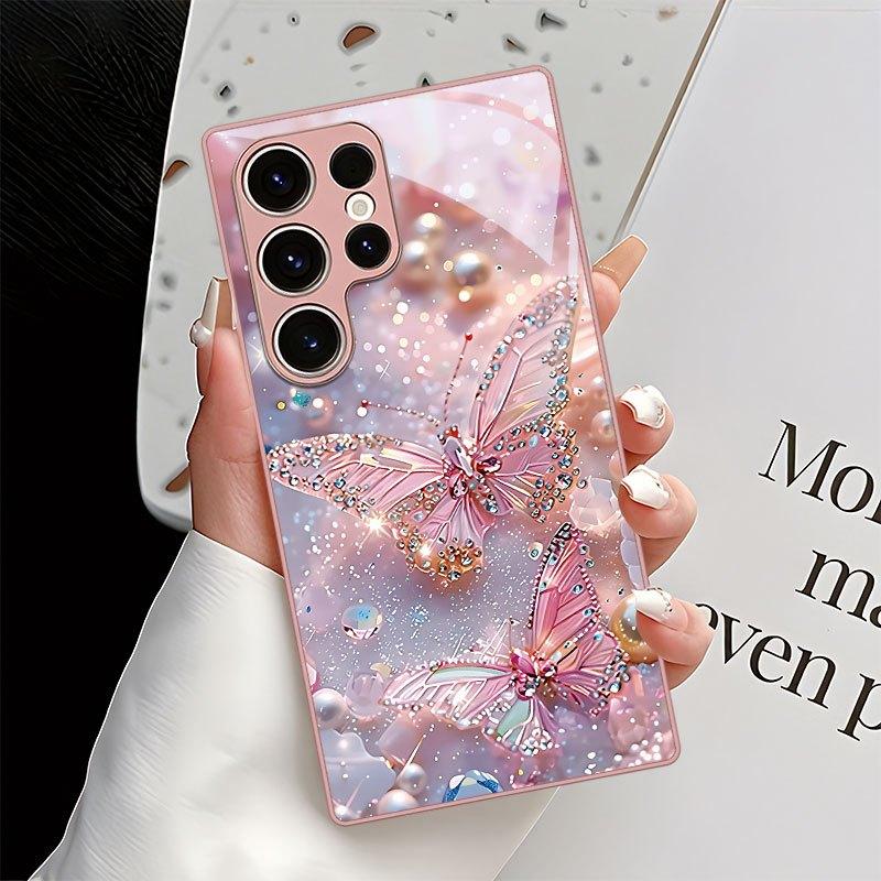 Pink Diamond Studded Butterfly Glass Phone Case Suitable for Samsung Galaxy S26 S25 S24 S23 S22 S21 S20 FE/Ultra/Plus Anti Drop