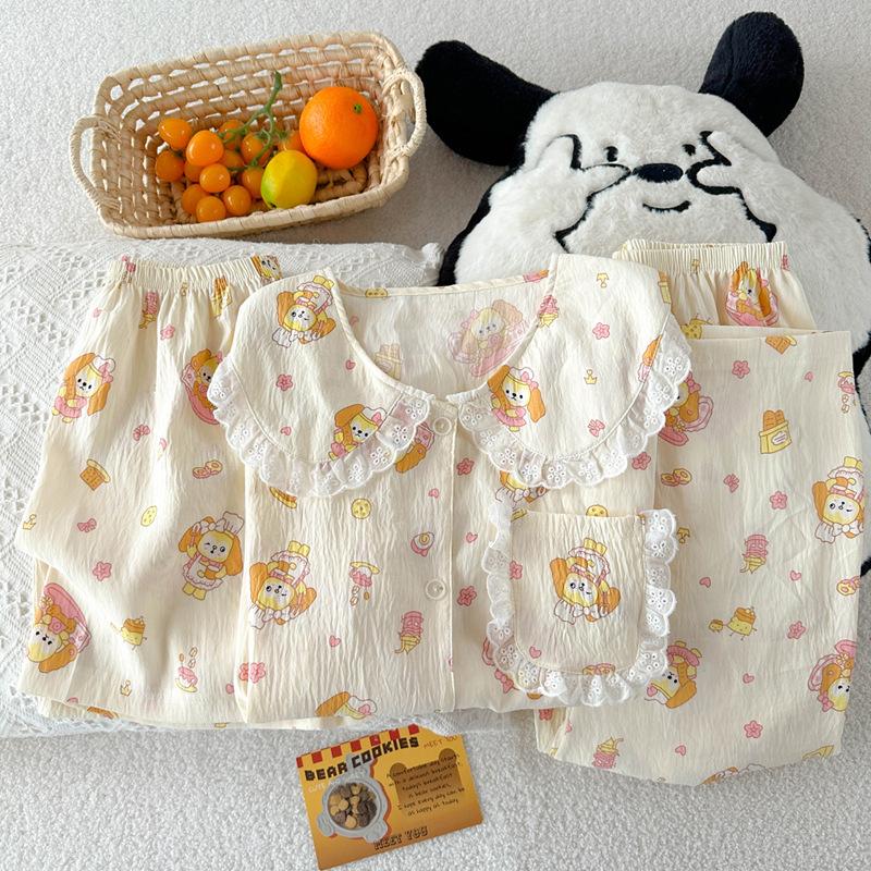 Chef Cake Doll Collar Pajamas Women'S Summer Cloud Cotton Loungewear Short-Sleeved Three-Piece Set